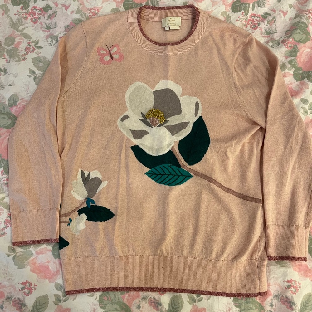 Kate Spade Flower Glitter Trim Pink Sweater size Small